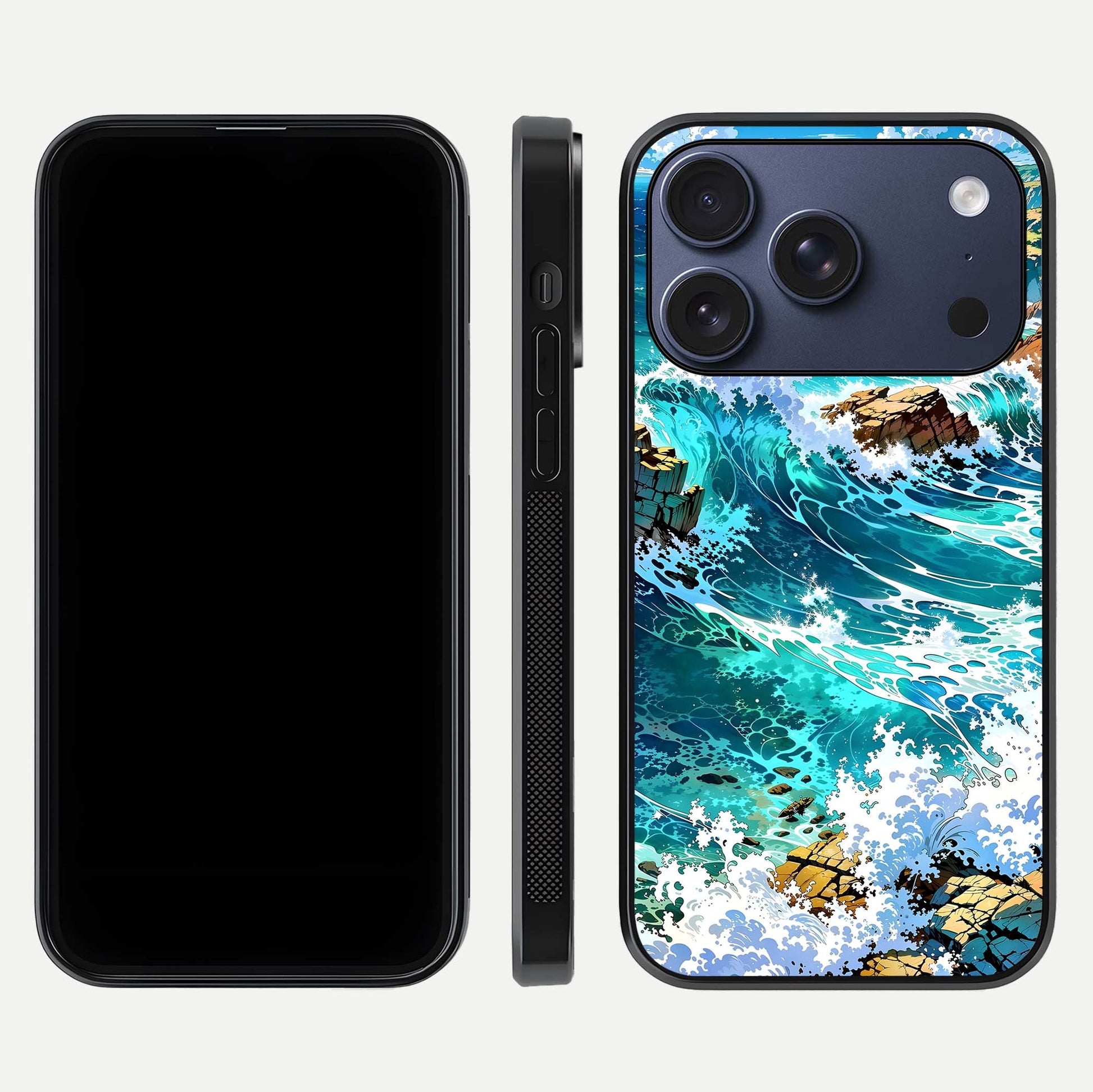 Coastal Blue Waves Glass Case for iPhone 17 Pro dual-view layout displaying sea tones and curved finish