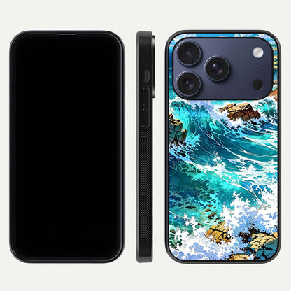 Coastal Blue Waves Glass Case for iPhone 17 Pro dual-view layout displaying sea tones and curved finish
