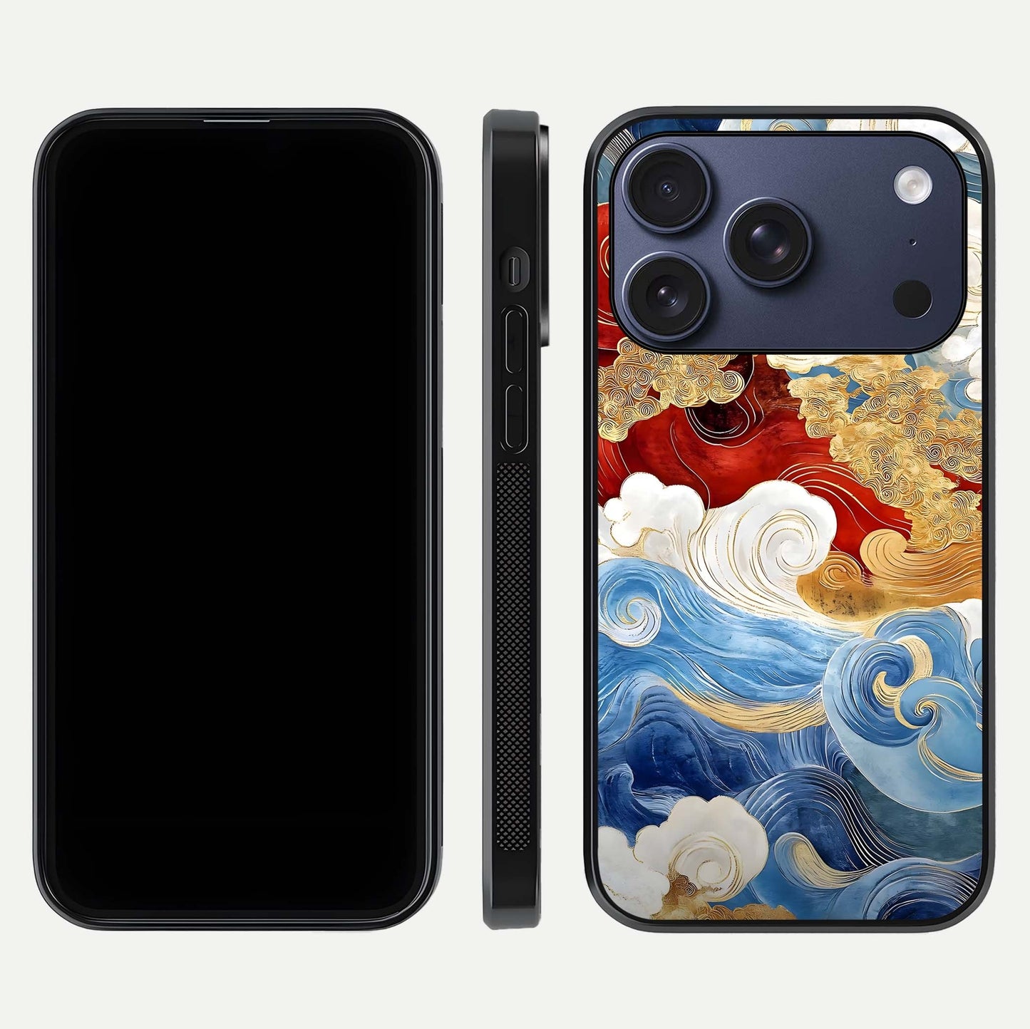 Colored Waves Glass Case for iPhone 17 Pro front & back layout showing smooth edges and vivid print tones
