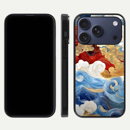 Colored Waves Glass Case for iPhone 17 Pro front & back layout showing smooth edges and vivid print tones