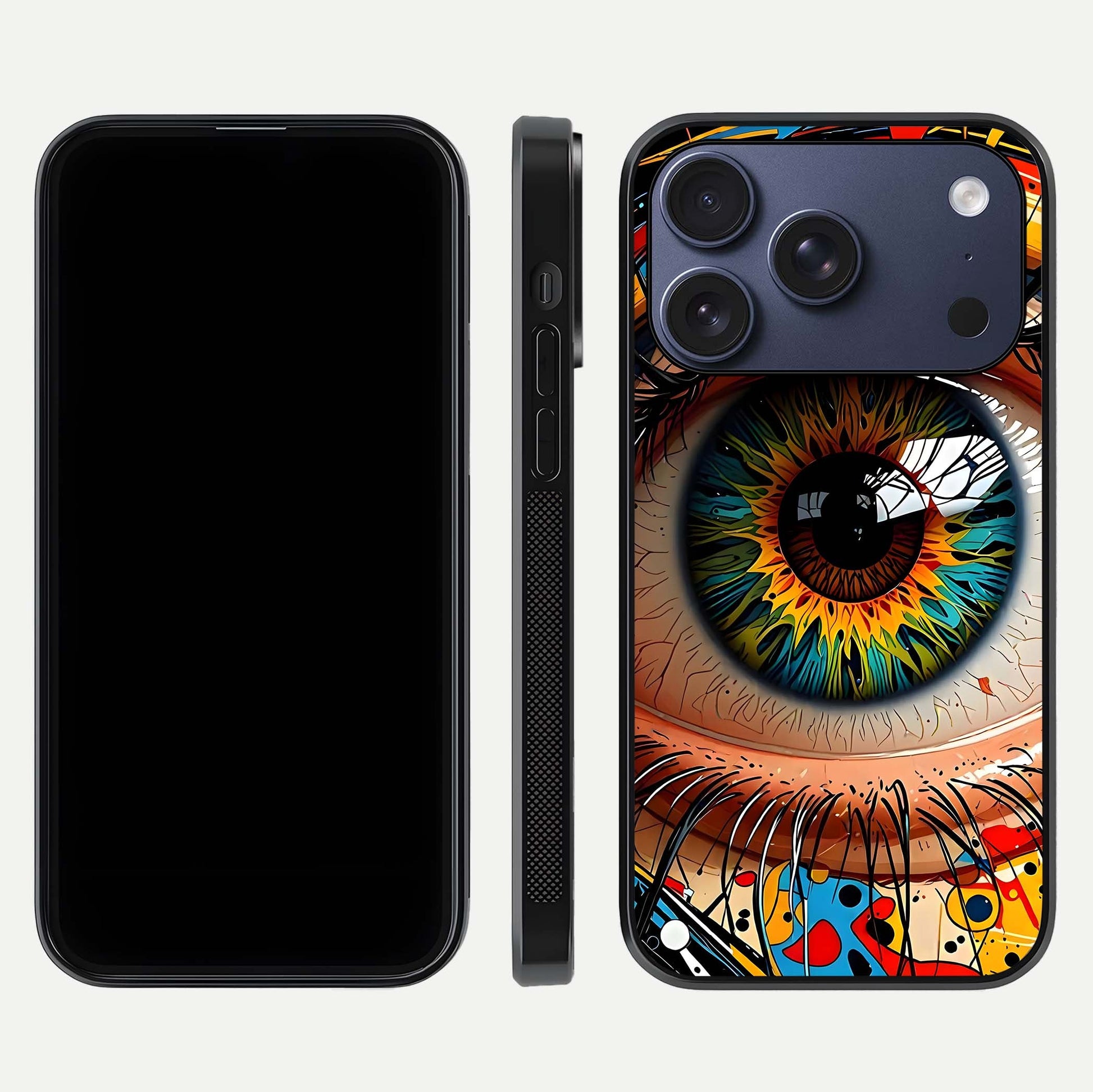 Colorful Eye Glass Case for iPhone 17 Pro dual-view layout displaying vivid tones and smooth glass edges