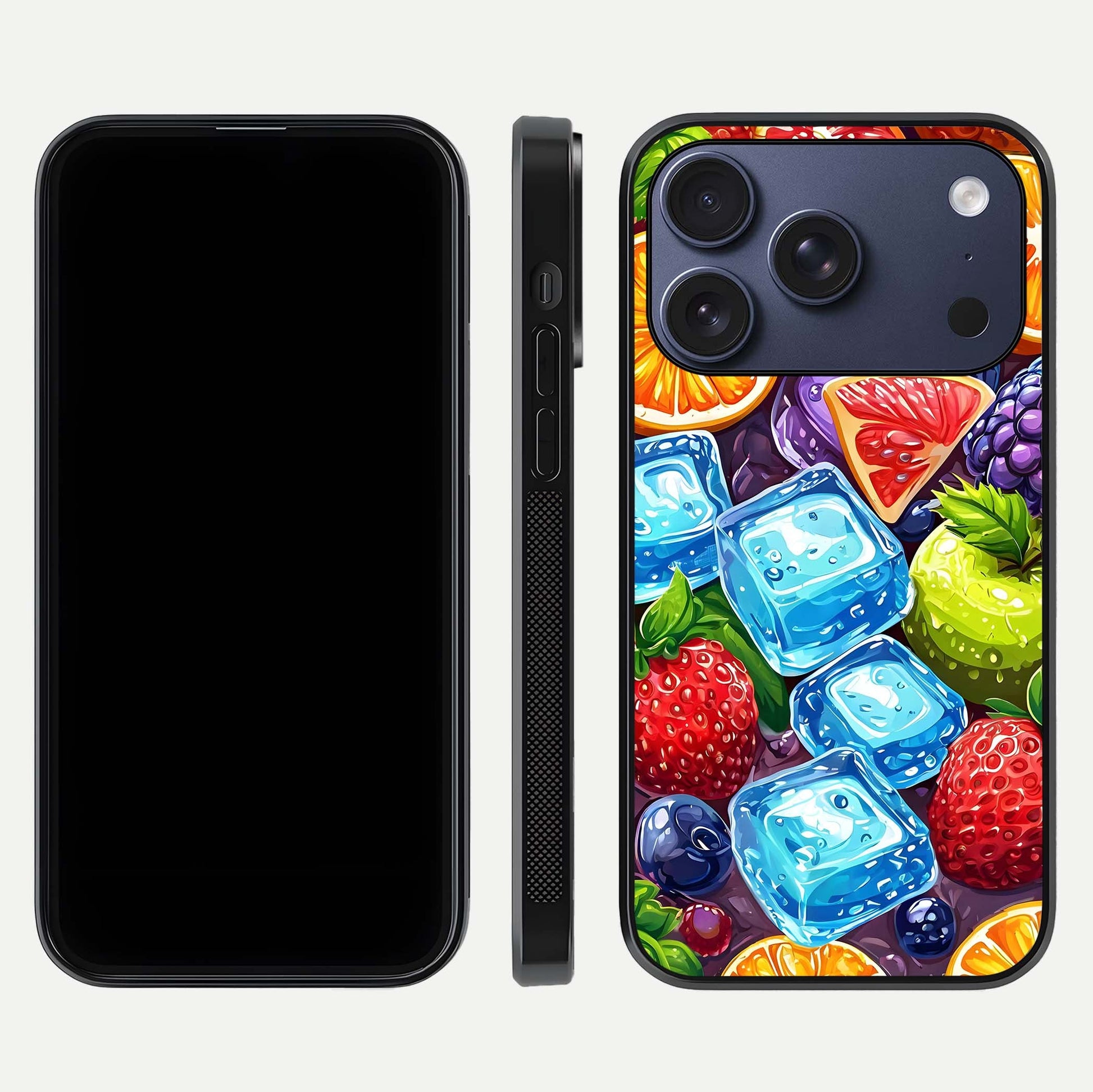 Colorful Fruits with Ice Glass Case for iPhone 17 Pro dual-view layout showing fresh tones and polished edges