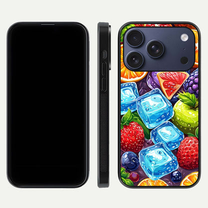 Colorful Fruits with Ice Glass Case for iPhone 17 Pro dual-view layout showing fresh tones and polished edges