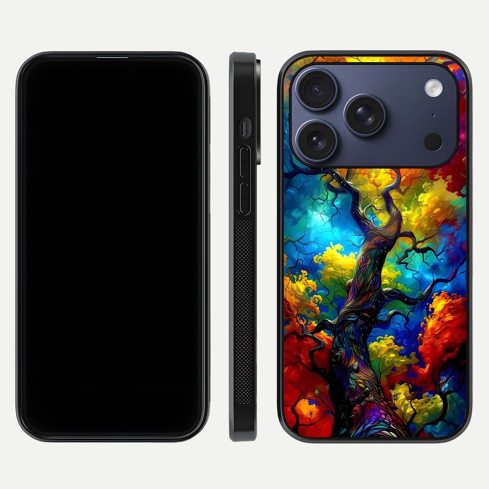 Colorful Tree Glass Case for iPhone 17 Pro dual-view layout displaying balanced tones and smooth edges
