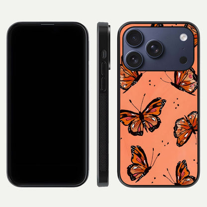 Coral Wing Butterfly Glass Case for iPhone 17 Pro dual-view layout displaying soft floral tones and curved edges