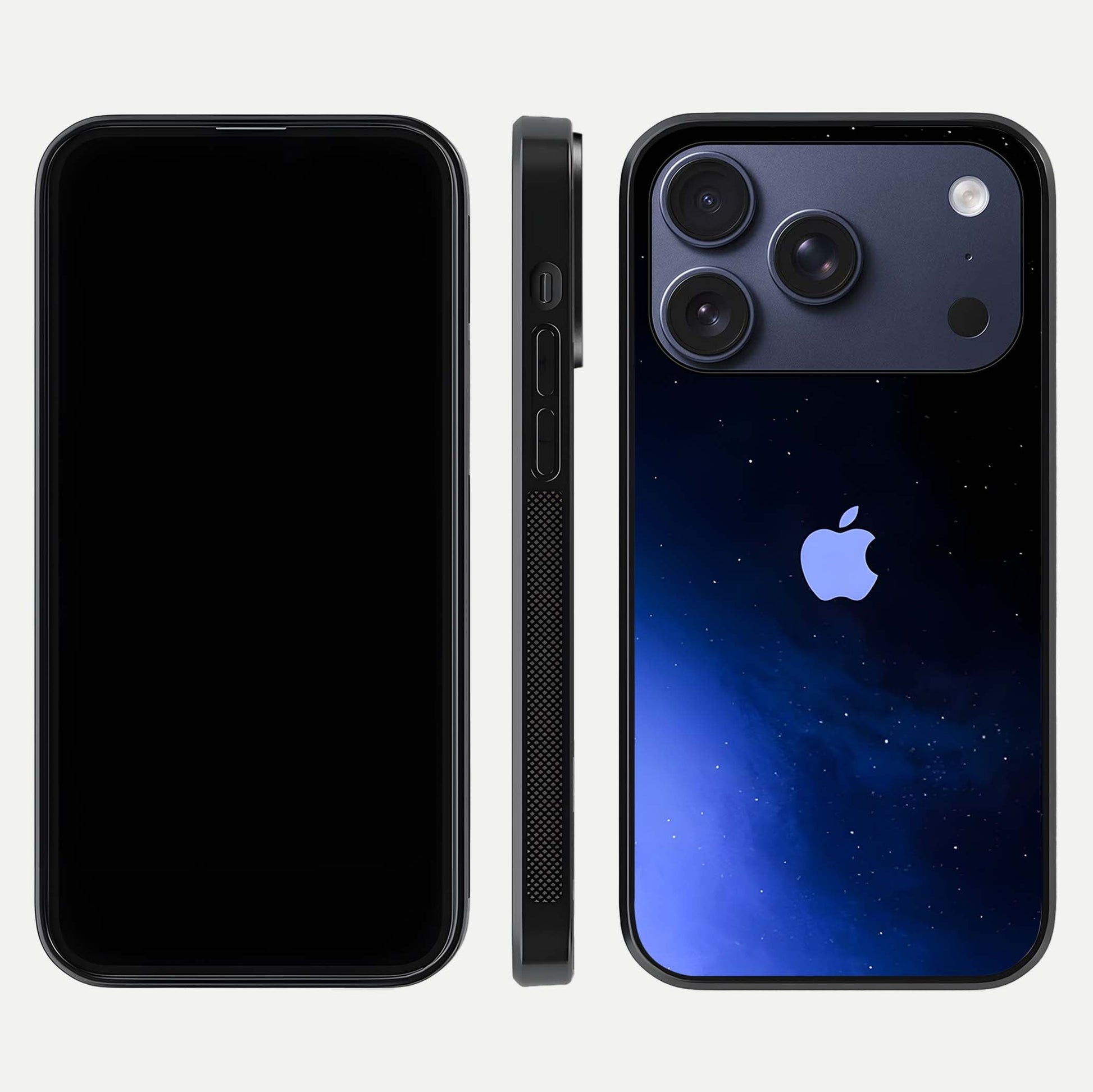 Cosmic Blue Apple Glass Case for iPhone 17 Pro dual-view layout displaying cosmic tones and glass edges