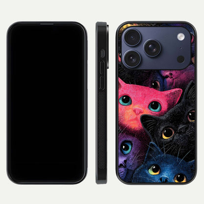 Cosmic Cats Dreams Glass Case for iPhone 17 Pro dual-view layout displaying HD print and glossy shine