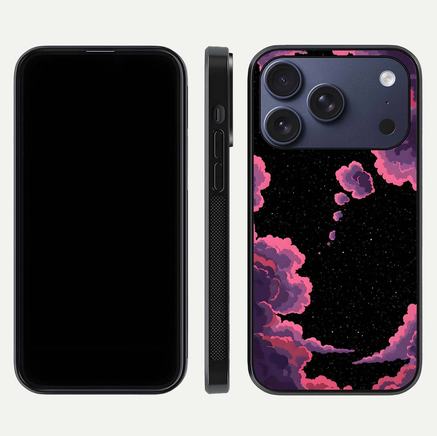 Cosmic Cloud Journey Glass Case for iPhone 17 Pro dual-view layout displaying celestial tones and edge clarity