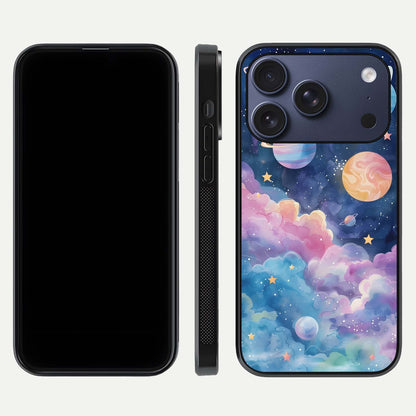 Cosmic Planet Dreams Glass Case for iPhone 17 Pro dual-view layout displaying galaxy colors and curved finish