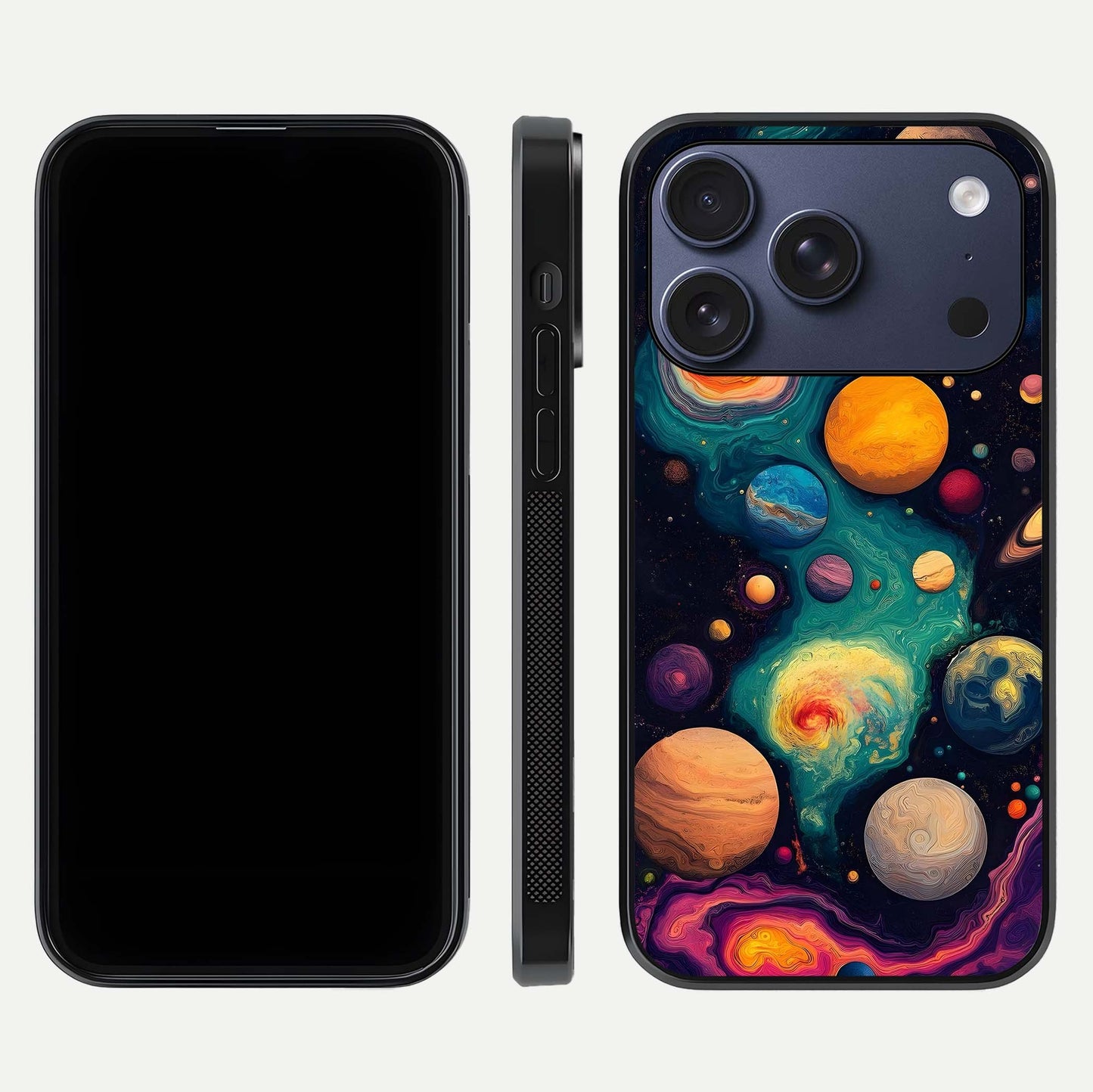 Cosmic Planet Journey Glass Case for iPhone 17 Pro dual-view layout displaying colorful cosmic balance