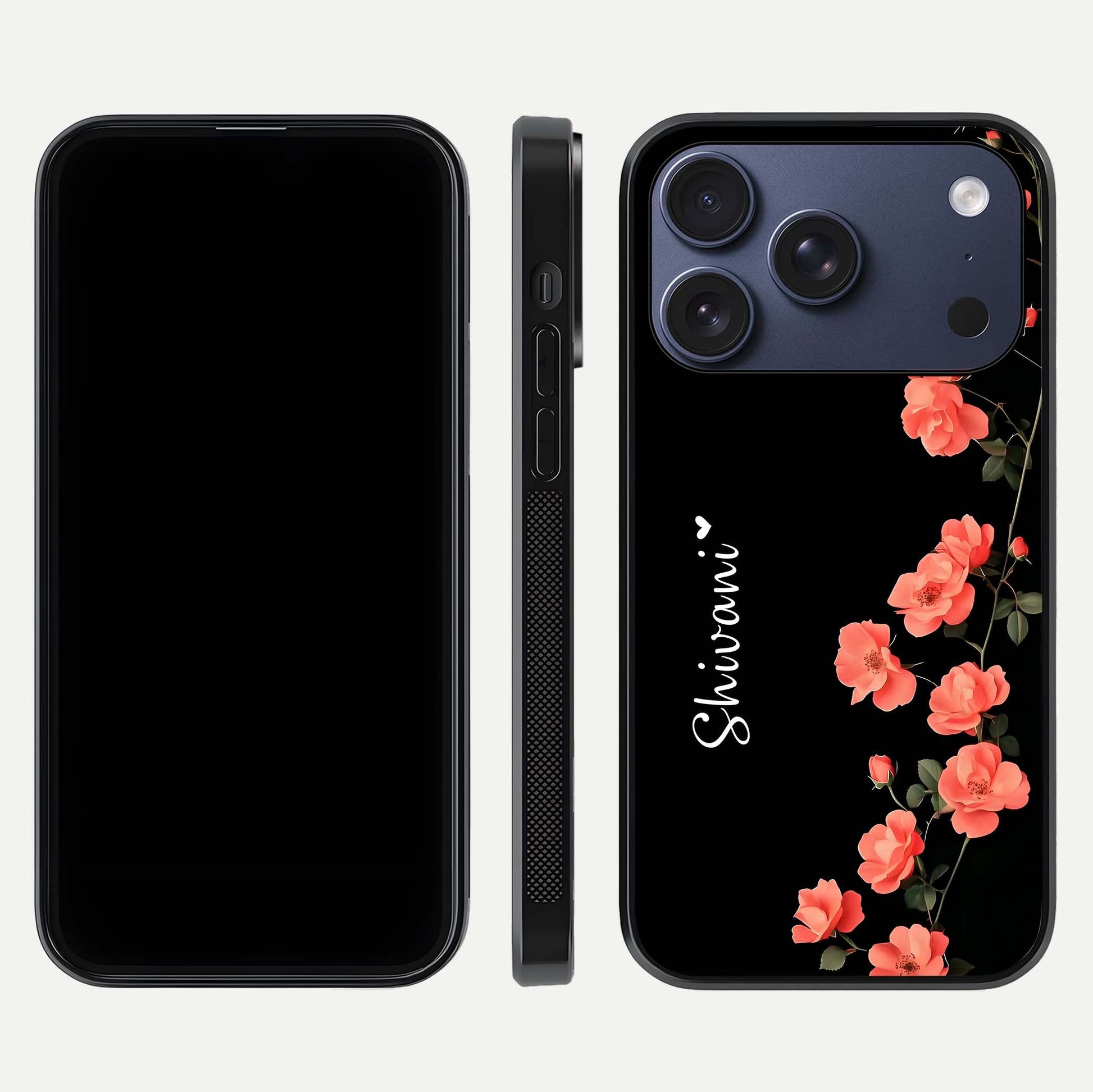 Crimson Bloom Grace Custom Name Glass Case for iPhone 17 Pro dual-view layout displaying custom text and smooth curved edges