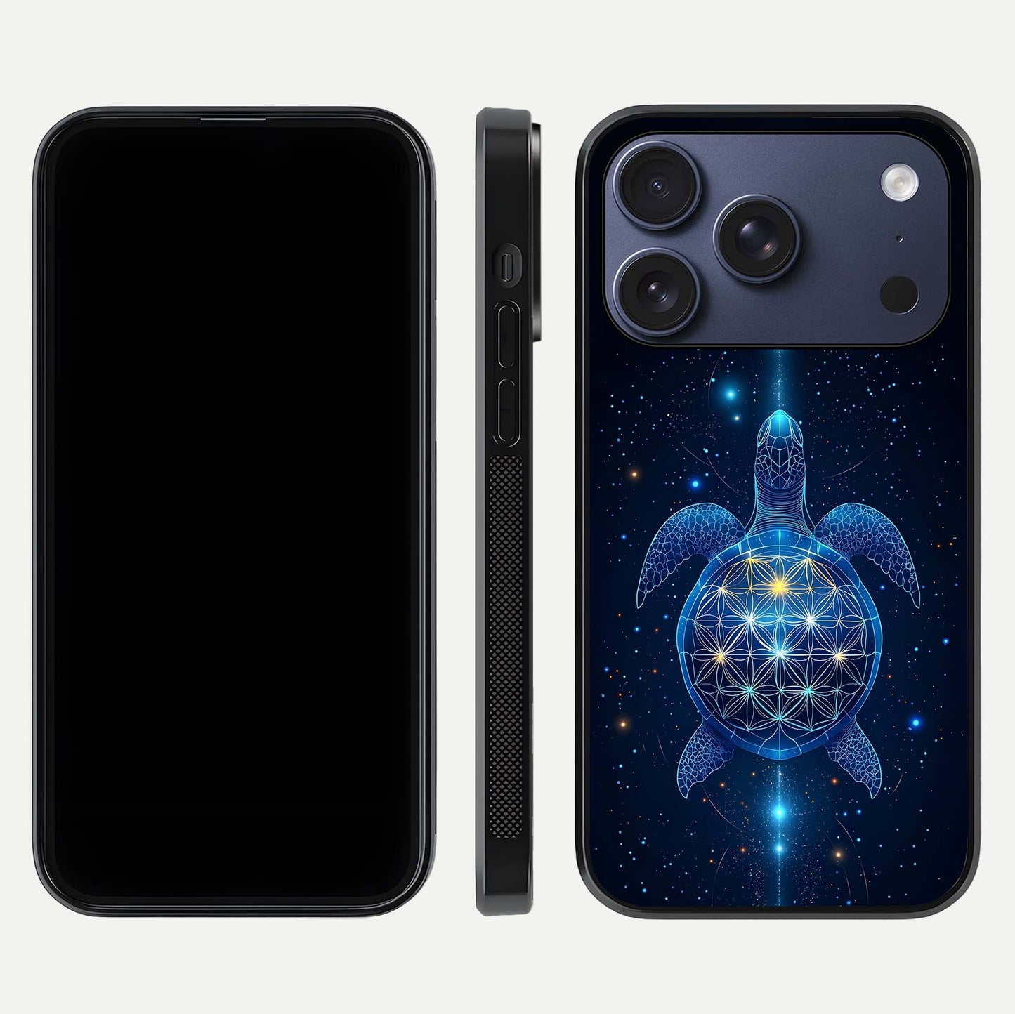 Crimson Blue Turtle Glass Case for iPhone 17 Pro dual-view layout displaying ocean tones and HD finish