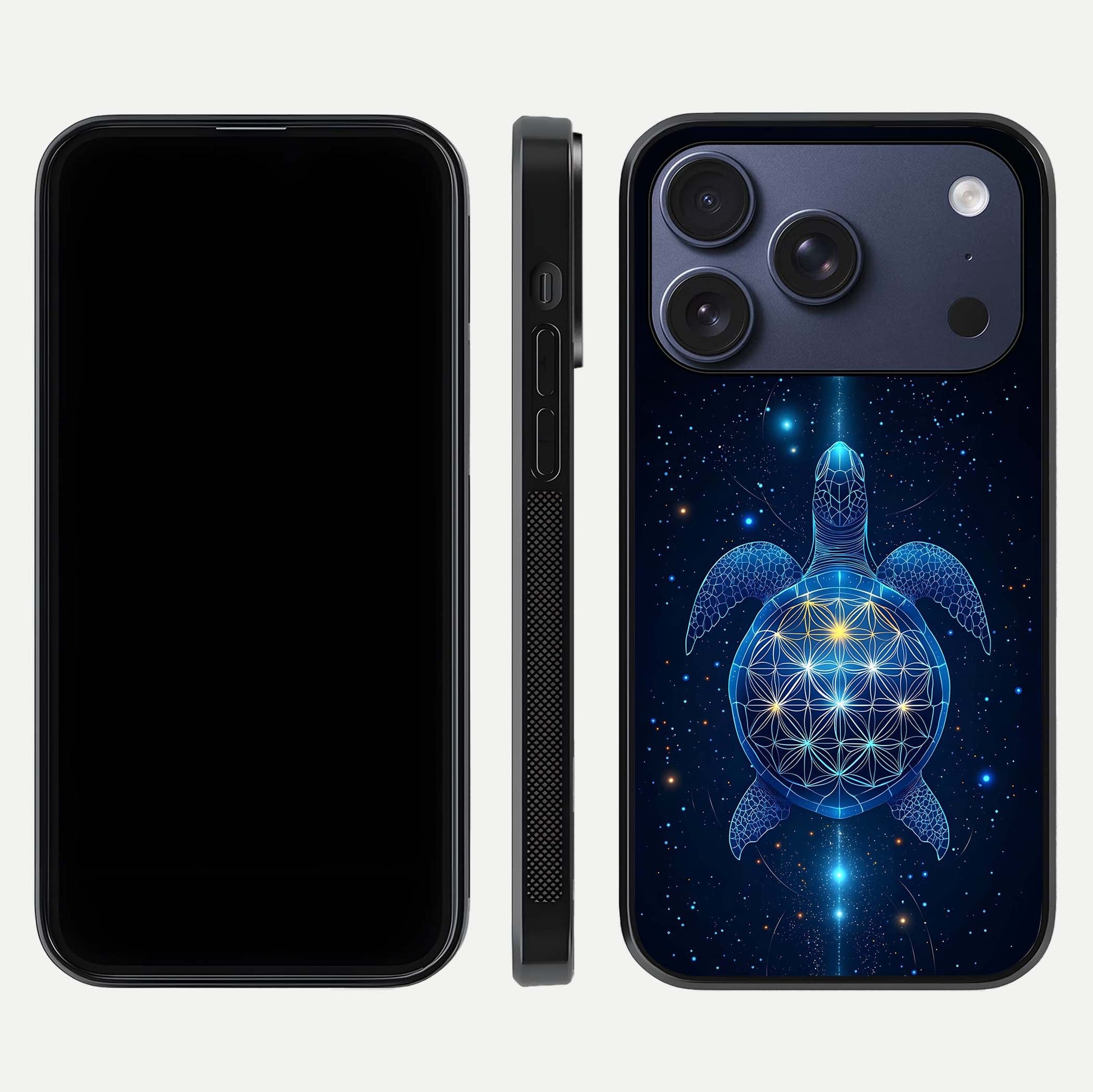 Crimson Blue Turtle Glass Case for iPhone 17 Pro dual-view layout displaying ocean tones and HD finish
