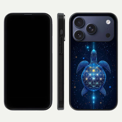 Crimson Blue Turtle Glass Case for iPhone 17 Pro dual-view layout displaying ocean tones and HD finish