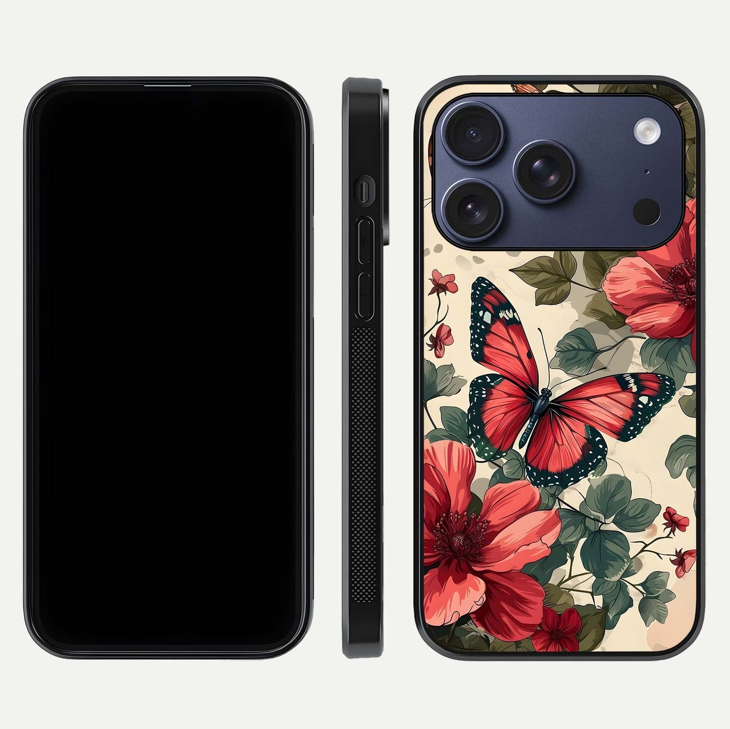 Crimson Butterfly Garden Glass Case for iPhone 17 Pro dual-view layout displaying floral patterns and edge finish