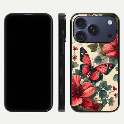 Crimson Butterfly Garden Glass Case for iPhone 17 Pro dual-view layout displaying floral patterns and edge finish