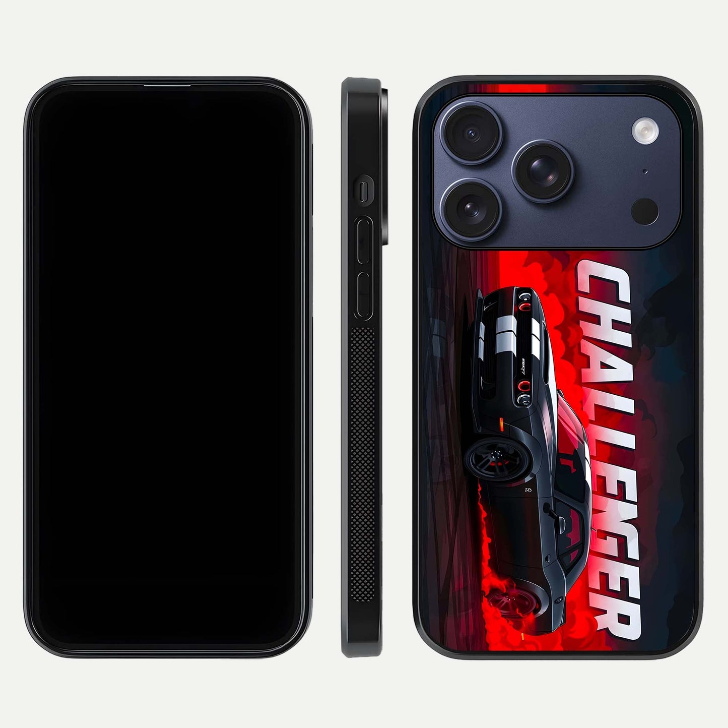 Crimson Challenger Fury Glass Case for iPhone 17 Pro dual-view layout displaying bold tones and edge polish