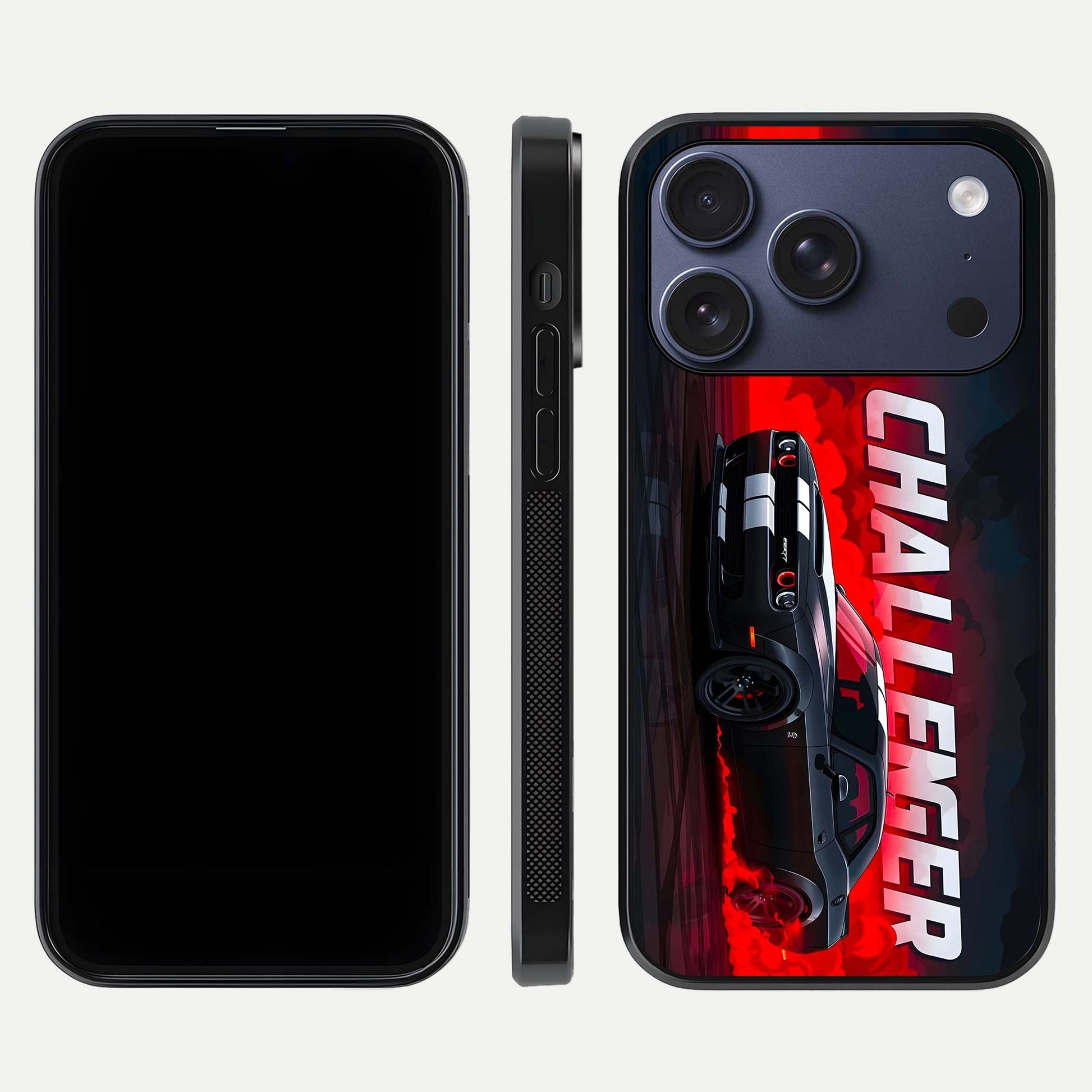 Crimson Challenger Fury Glass Case for iPhone 17 Pro dual-view layout displaying bold tones and edge polish