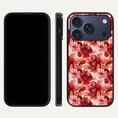 Crimson Love Petals Glass Case for iPhone 17 Pro dual-view layout displaying floral charm and curved glass