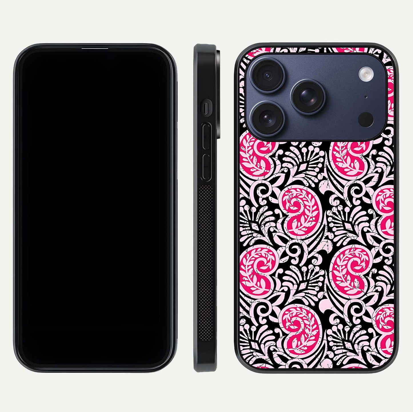 Crimson Paisley Charm Glass Case for iPhone 17 Pro dual-view layout displaying HD print and curved polish