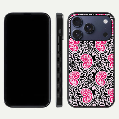 Crimson Paisley Charm Glass Case for iPhone 17 Pro dual-view layout displaying HD print and curved polish