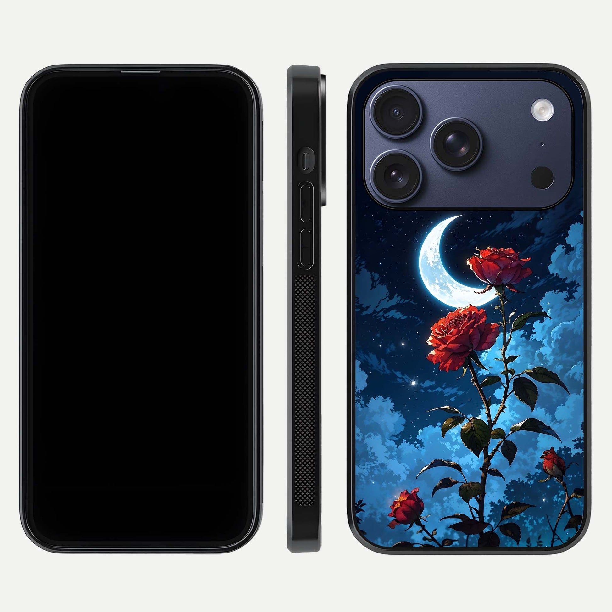 Crimson Rose Moon Glass Case for iPhone 17 Pro dual-view layout displaying red tones and soft gloss