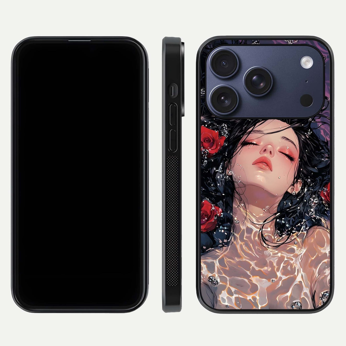 Crimson Rose Serenity Glass Case for iPhone 17 Pro dual-view layout displaying serenity tones and curved glass