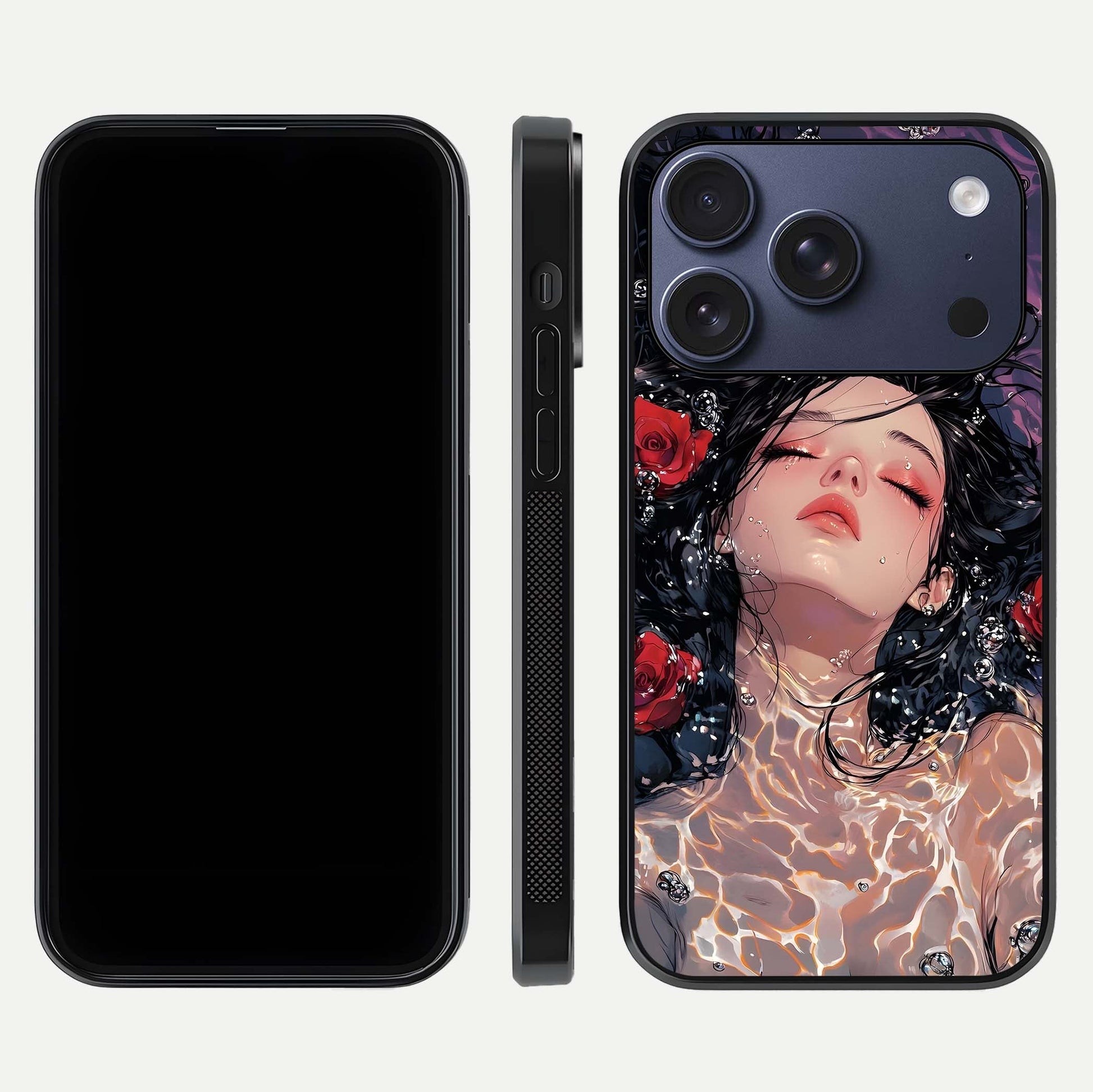 Crimson Rose Serenity Glass Case for iPhone 17 Pro dual-view layout displaying serenity tones and curved glass