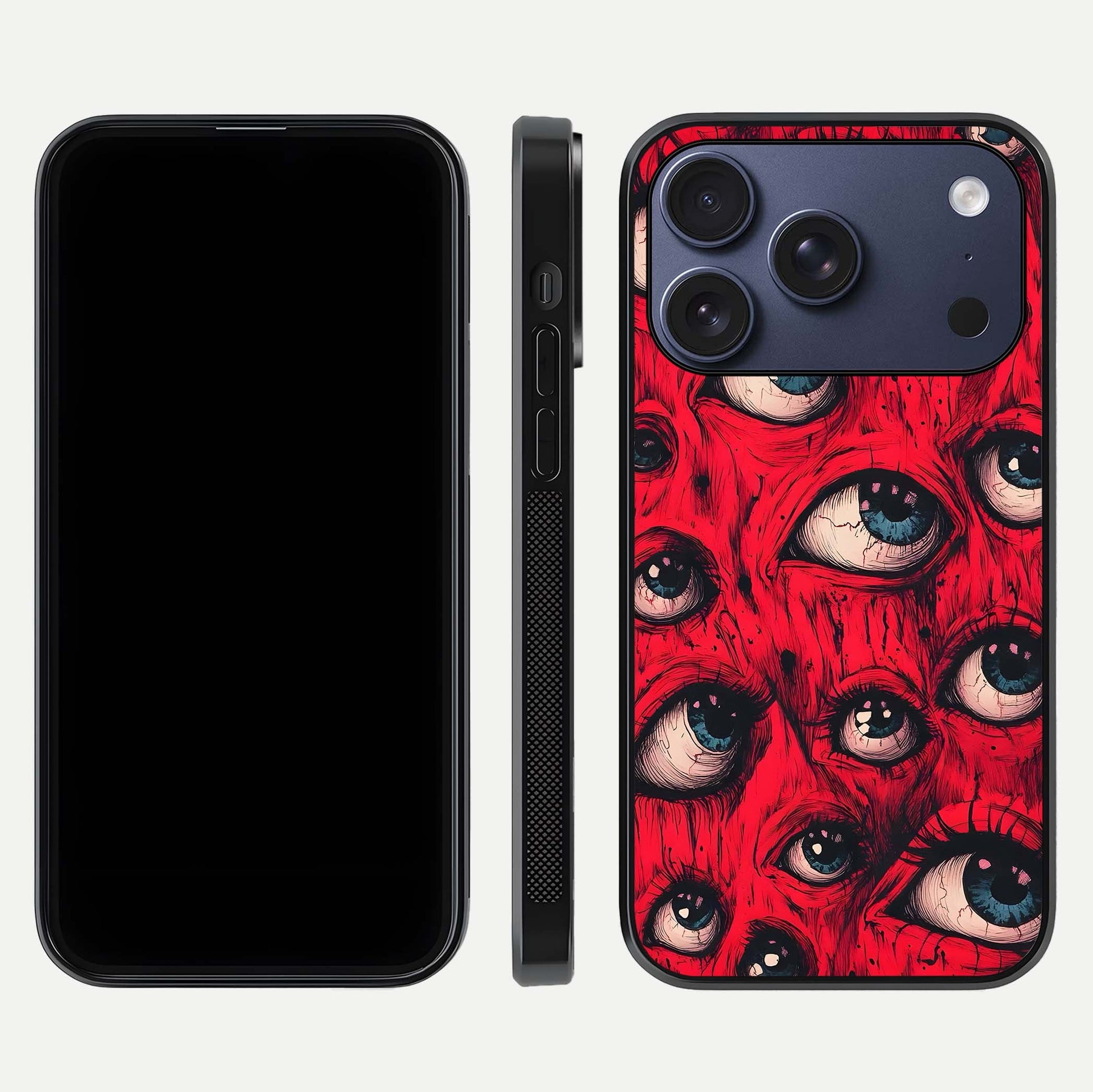 Crimson Watch Eyes Glass Case for iPhone 17 Pro dual-view layout displaying abstract tones and curved edges