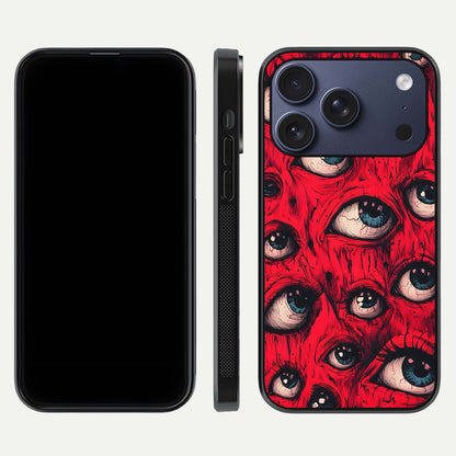 Crimson Watch Eyes Glass Case for iPhone 17 Pro dual-view layout displaying abstract tones and curved edges