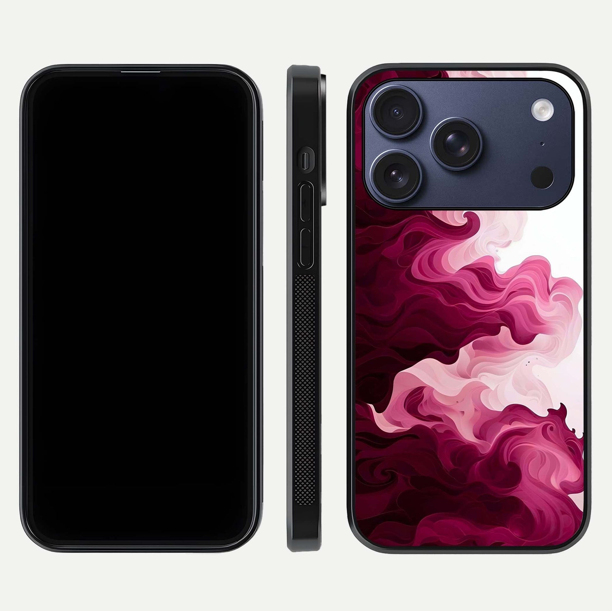 Crimson Wave Flow Glass Case for iPhone 17 Pro dual-view layout displaying curved wave art and polished surface