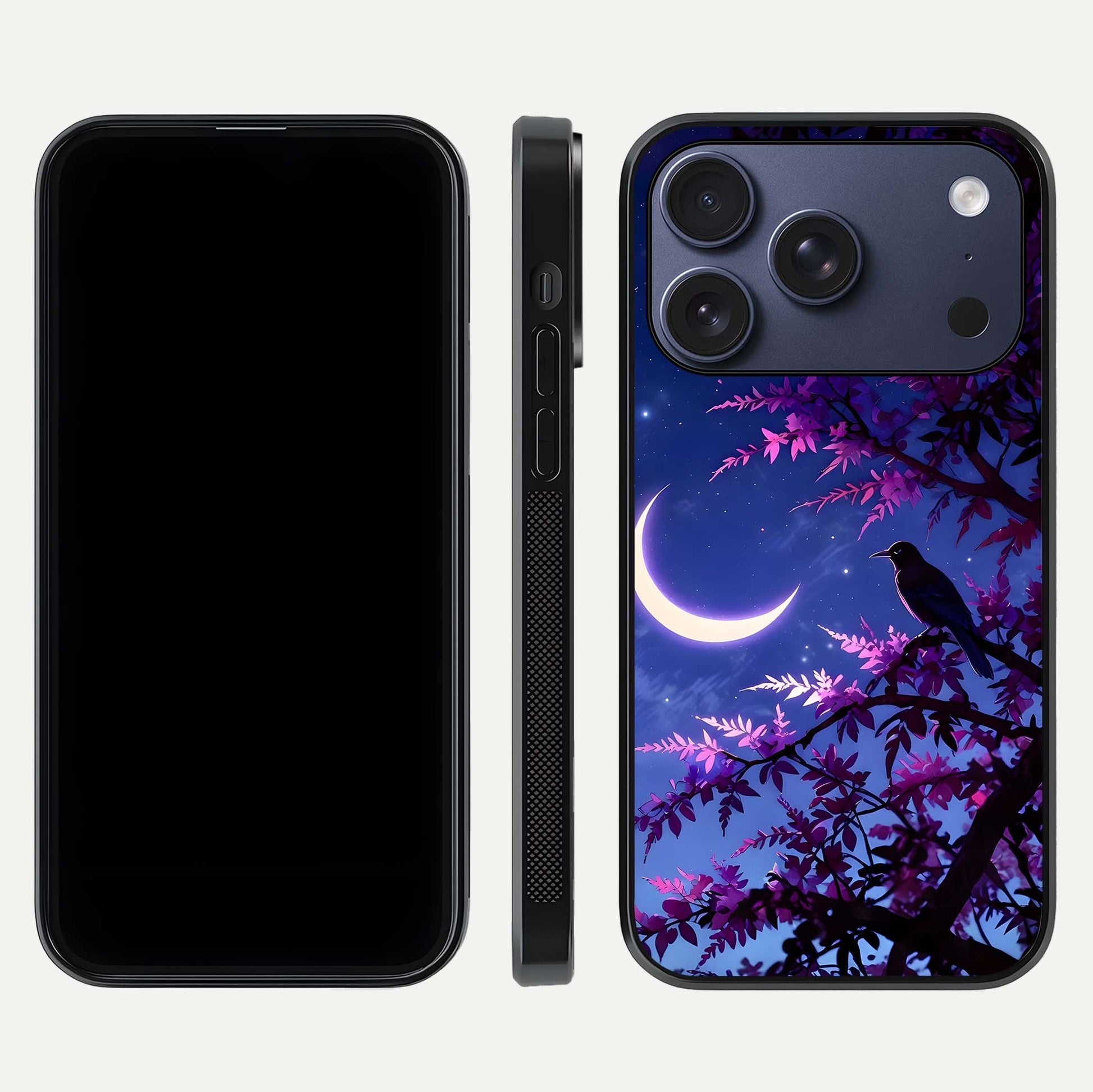 Crow & Moon Scenery Glass Case for iPhone 17 Pro dual-view layout displaying night sky art and curved glass edges