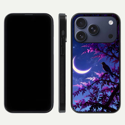 Crow & Moon Scenery Glass Case for iPhone 17 Pro dual-view layout displaying night sky art and curved glass edges
