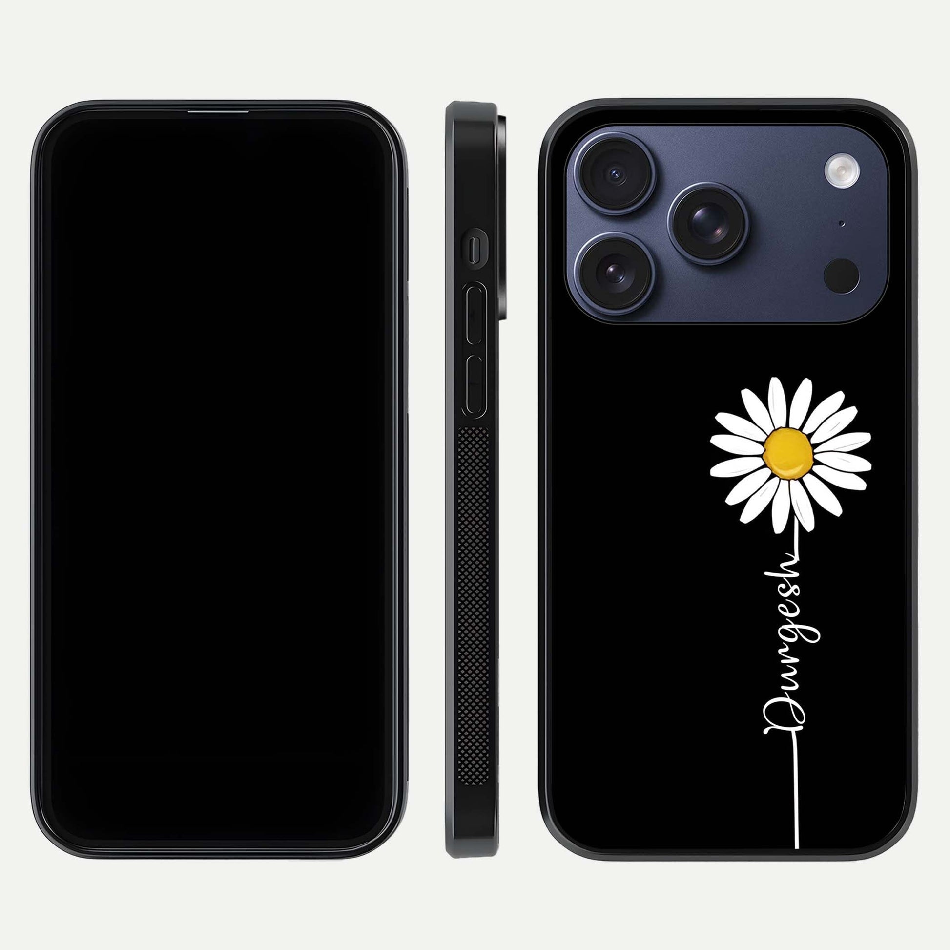 Custom Name White Flower Glass Case for iPhone 17 Pro dual-view layout showing elegant floral tone and curved edge finish
