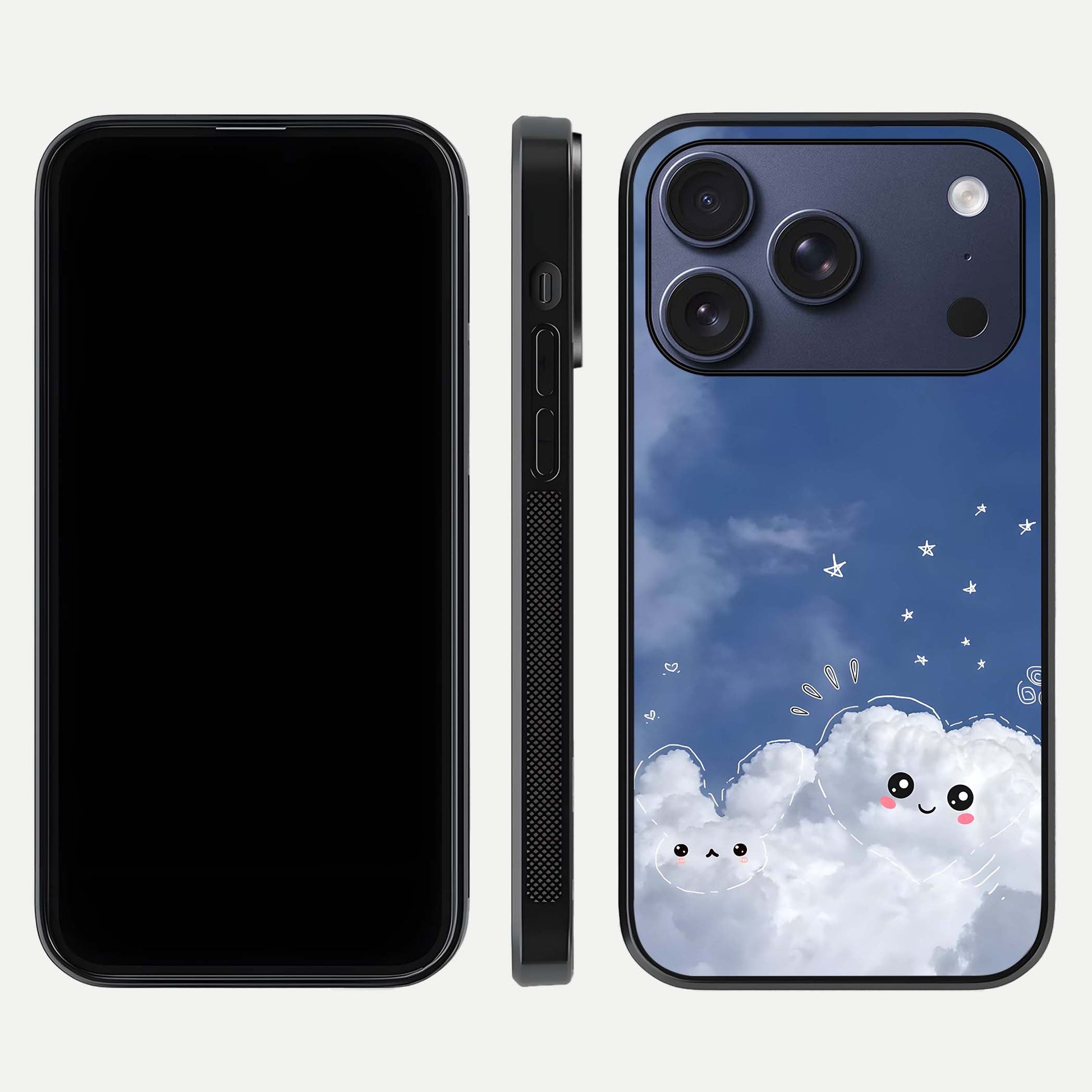 Cute Blossom Cloud Glass Case for iPhone 17 Pro dual-view layout displaying cute floral clouds and polished edge