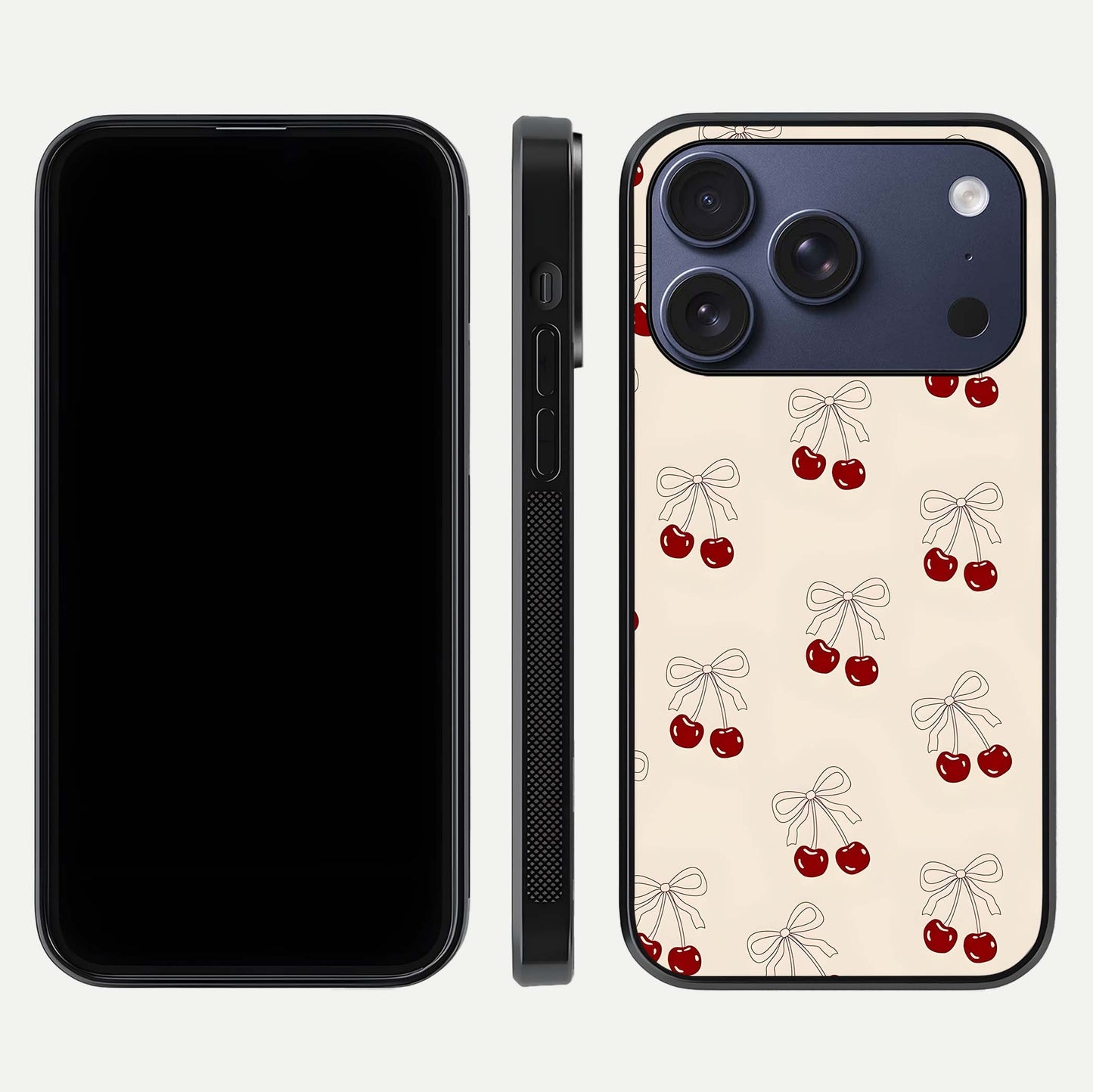 Cute Cherry Pattern Glass Case for iPhone 17 Pro dual-view layout displaying aesthetic fruit print and smooth edges
