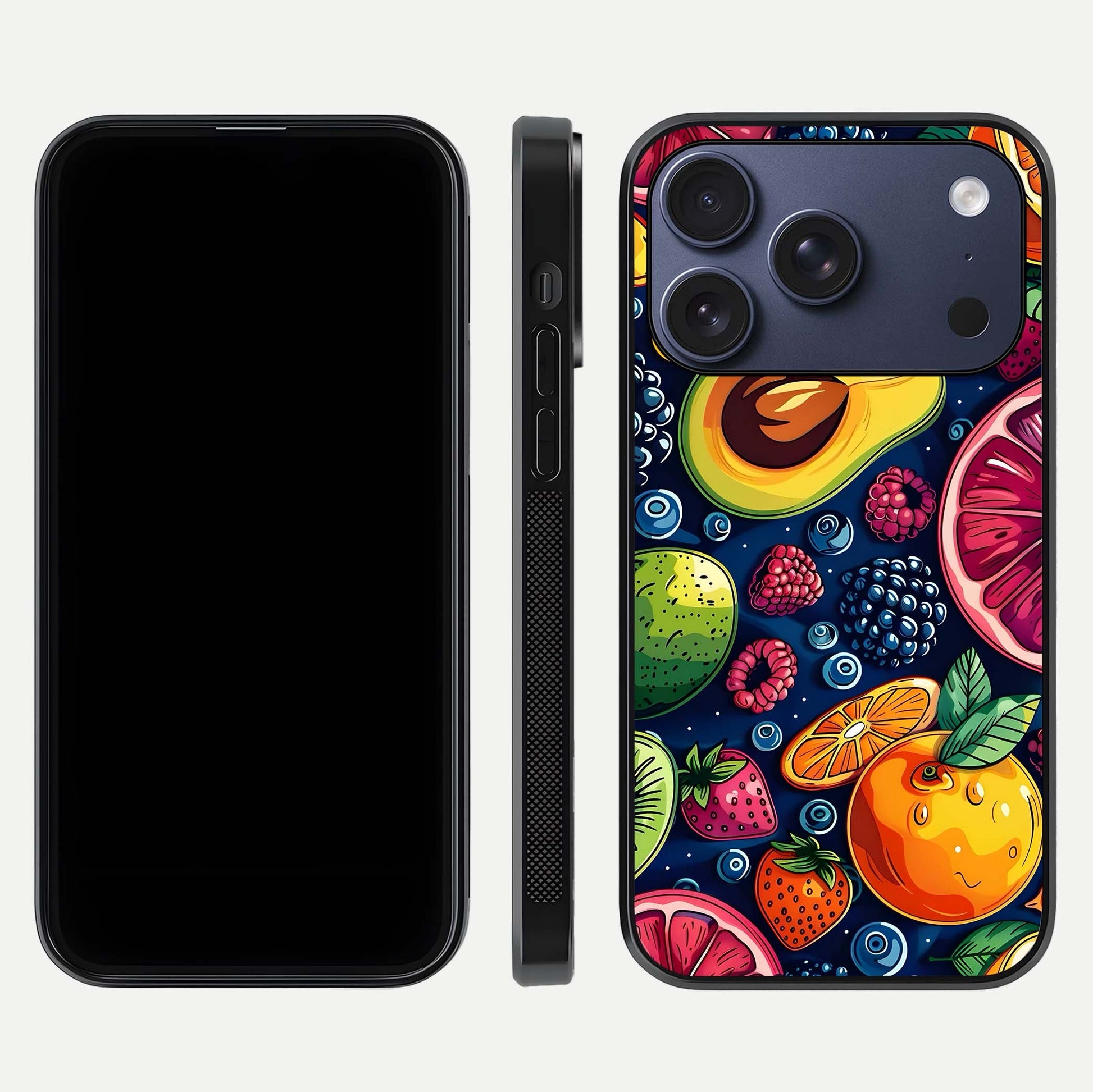 Cute Fruits Art Glass Case for iPhone 17 Pro dual-view layout displaying playful tones and curved design