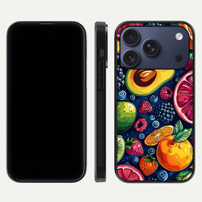 Cute Fruits Art Glass Case for iPhone 17 Pro dual-view layout displaying playful tones and curved design