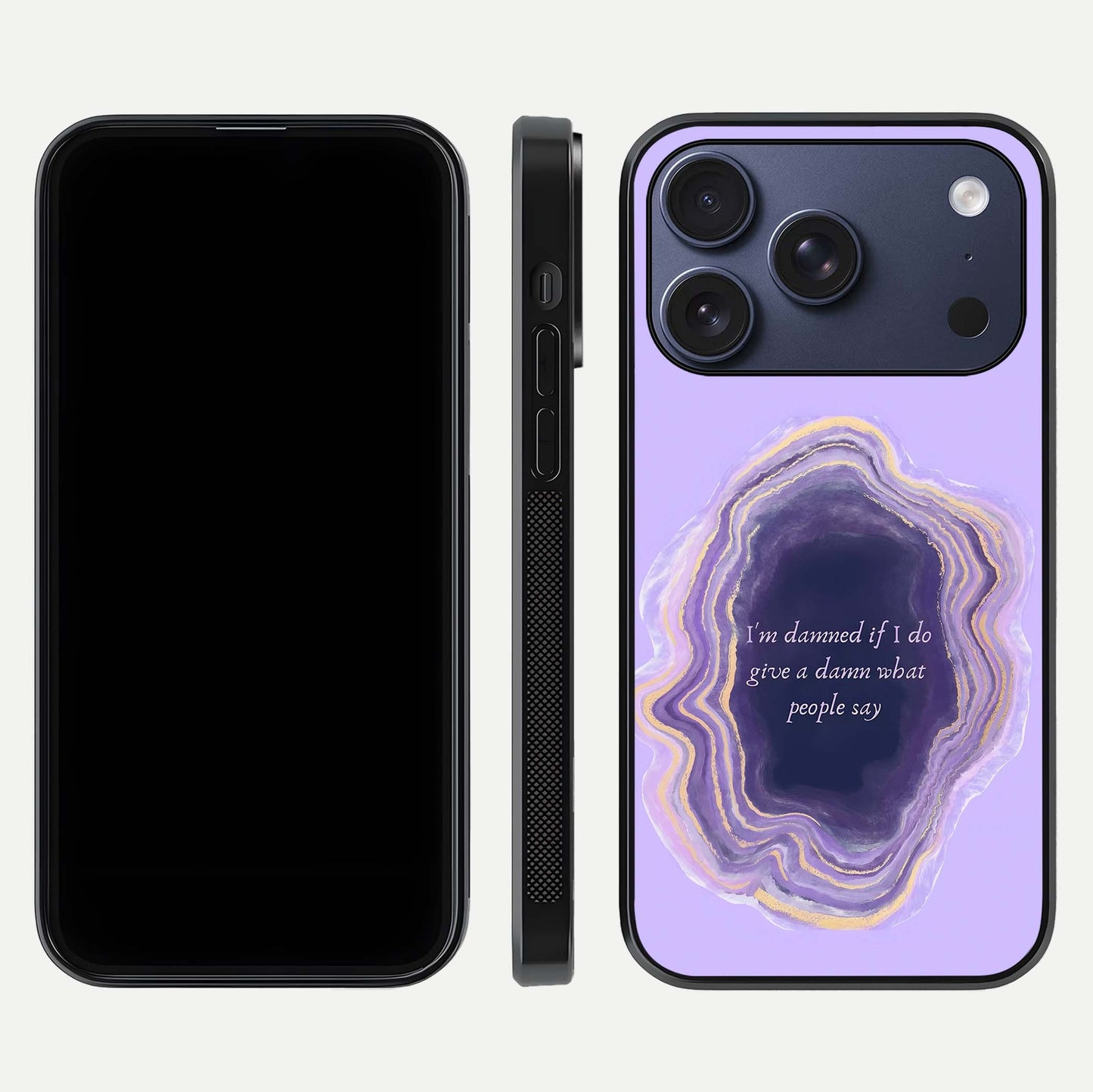 Damned People Quote Glass Case for iPhone 17 Pro dual-view layout displaying modern print and glass clarity