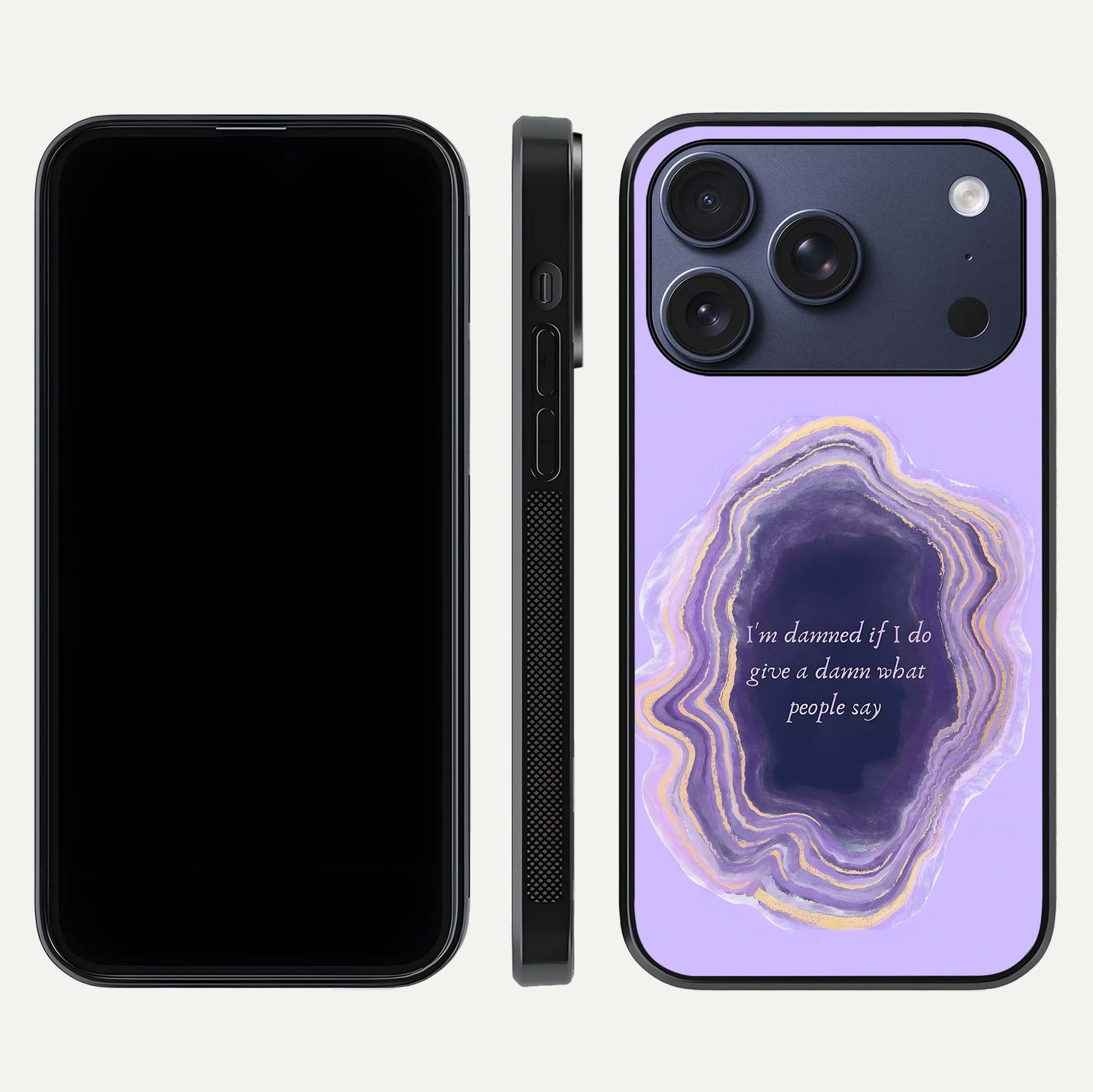 Damned People Quote Glass Case for iPhone 17 Pro dual-view layout displaying modern print and glass clarity