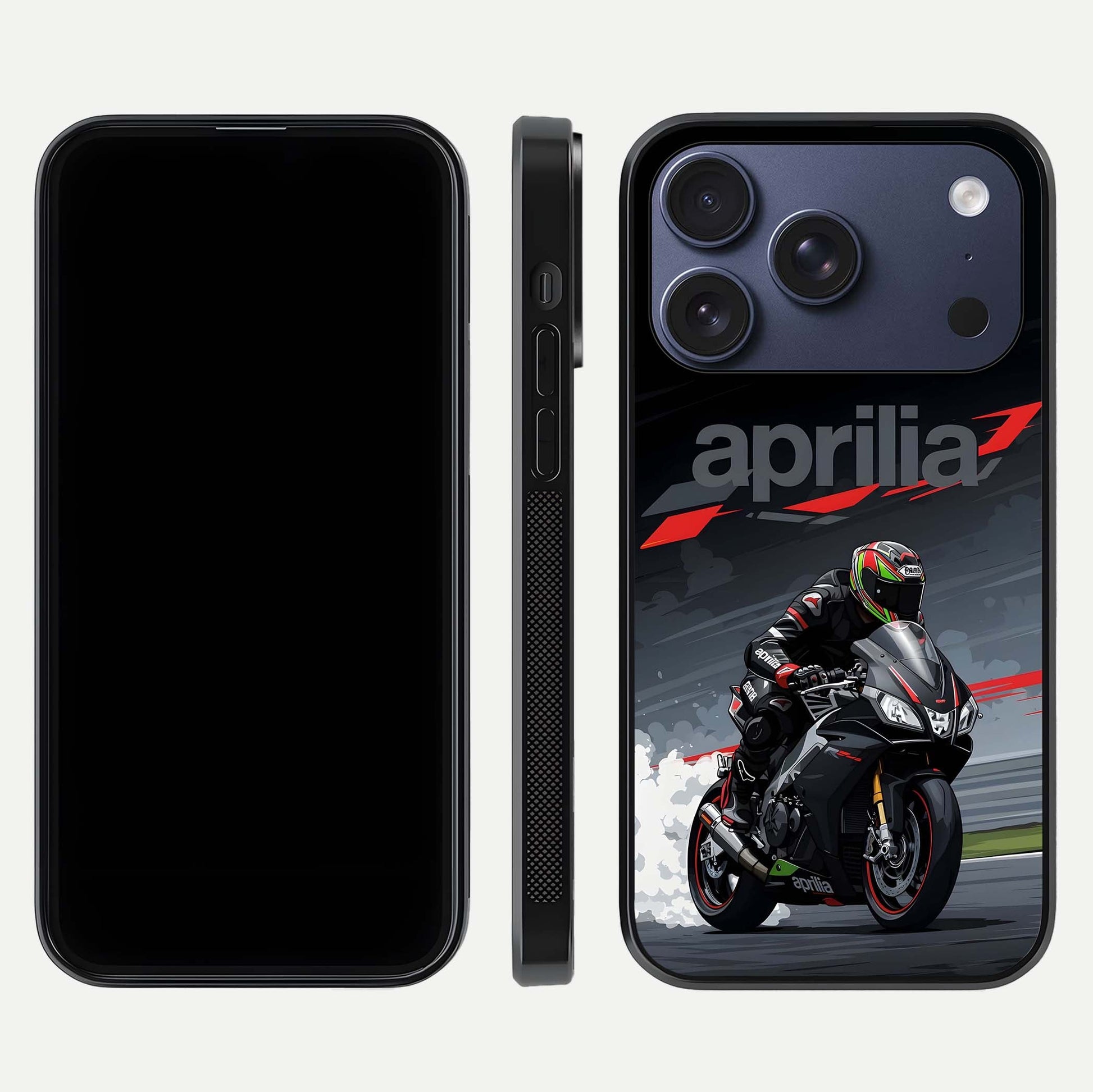 Dark Aprilla Glass Case for iPhone 17 Pro dual-view layout displaying sleek racing look and HD shine