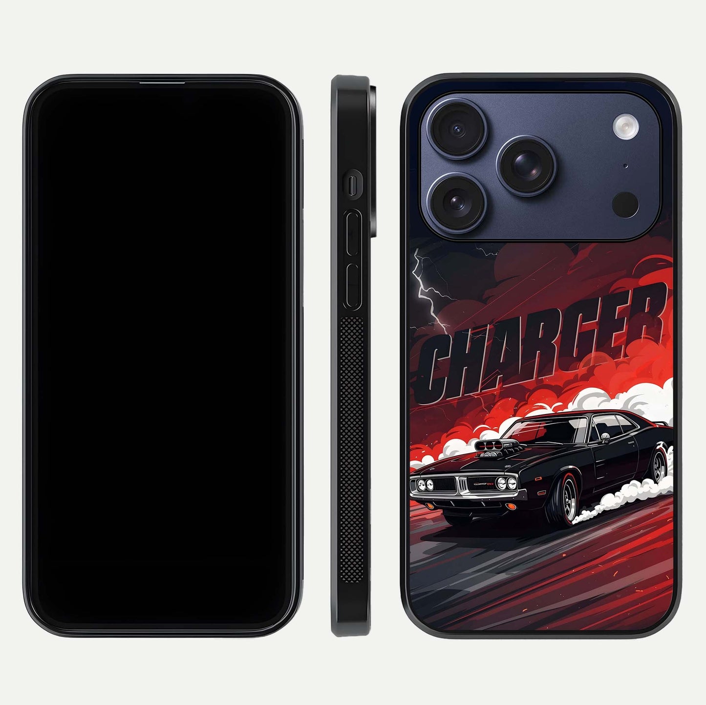 Dark Charger Fury Glass Case for iPhone 17 Pro dual-view layout displaying HD design and polished edges