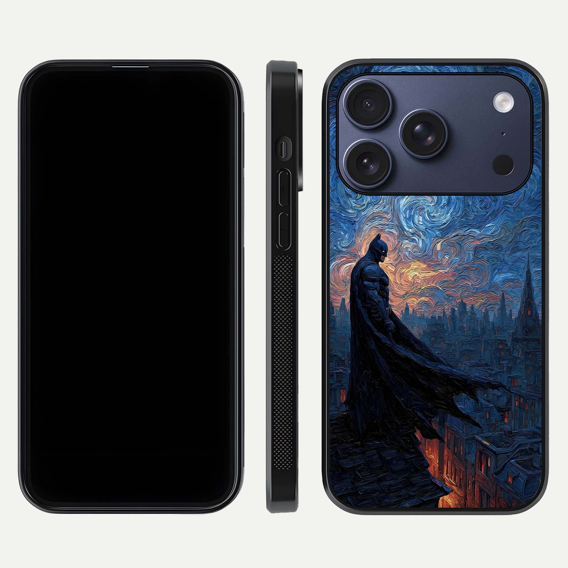 Dark Knight Dusk Glass Case for iPhone 17 Pro dual-view layout displaying HD hero print and curved glass edges