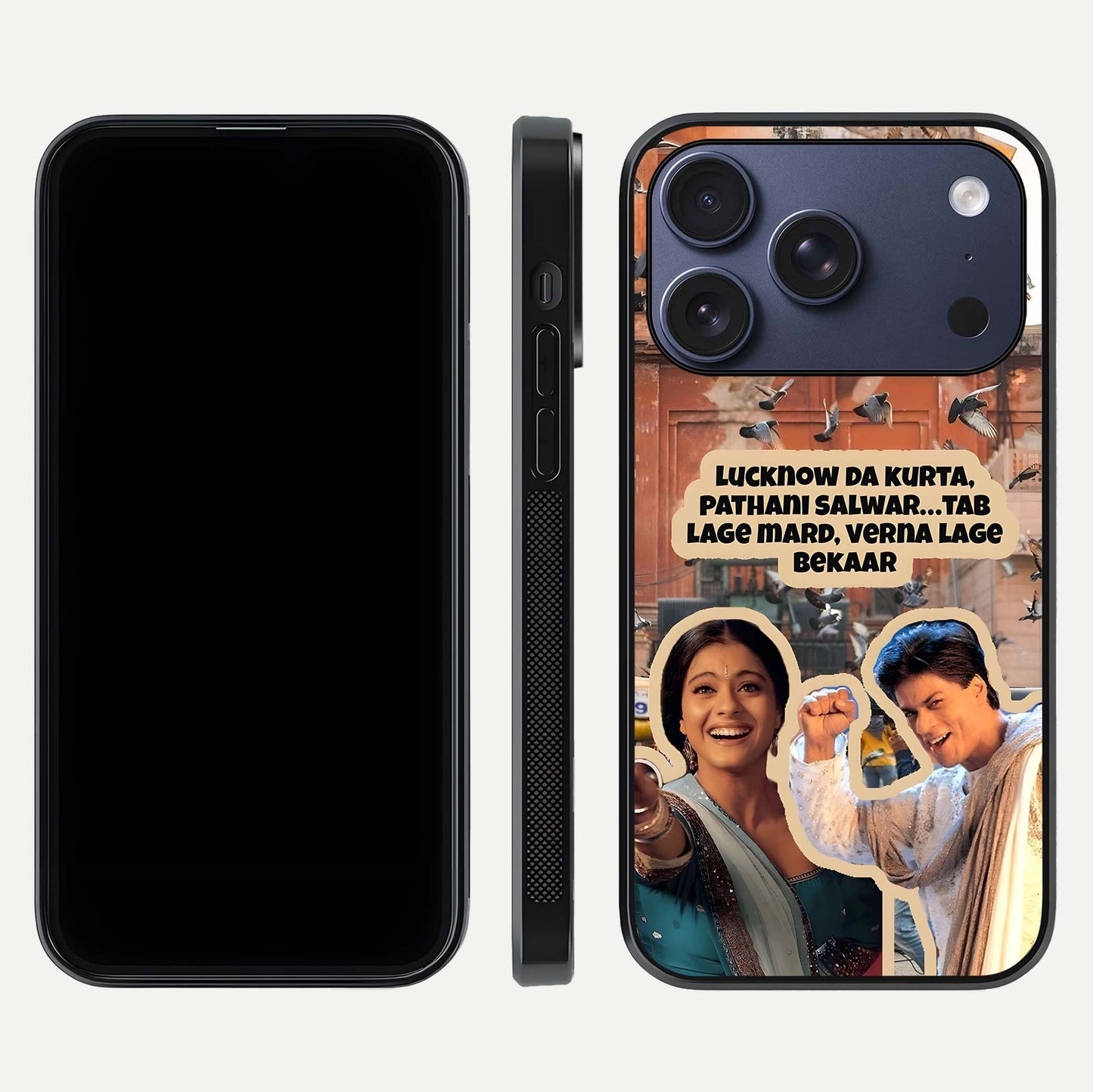 Desi Retro Vibes Glass Case for iPhone 17 Pro dual-view layout showing nostalgic design and smooth glass curve