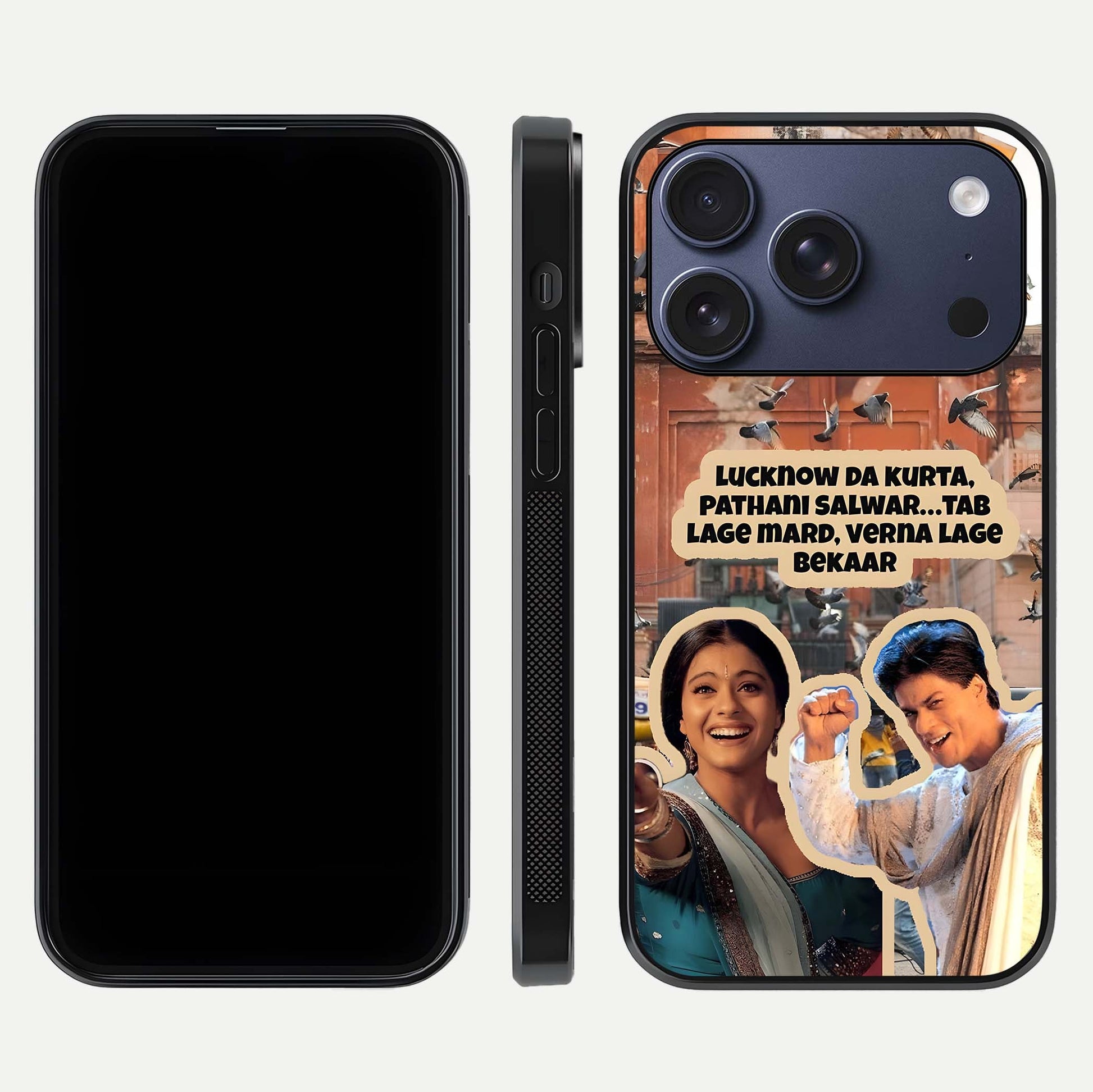 Desi Retro Vibes Glass Case for iPhone 17 Pro dual-view layout showing nostalgic design and smooth glass curve