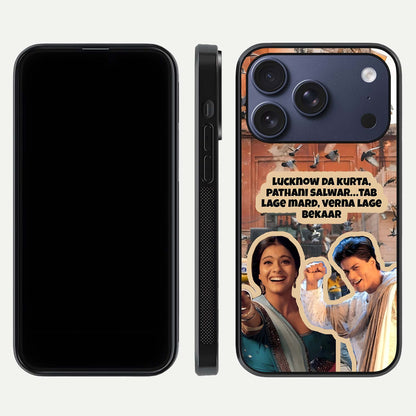 Desi Retro Vibes Glass Case for iPhone 17 Pro dual-view layout showing nostalgic design and smooth glass curve