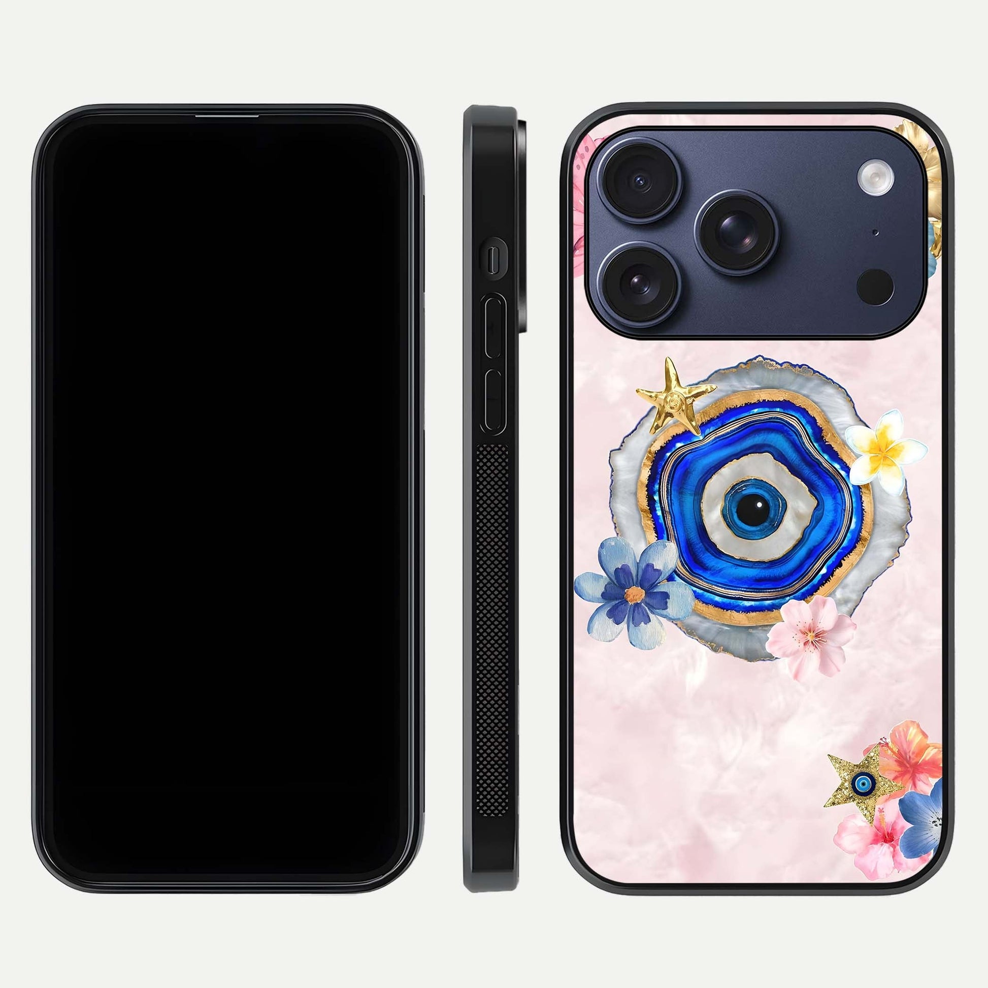 Divine Aura Bloom Glass Case for iPhone 17 Pro dual-view layout displaying divine color tones and smooth edges