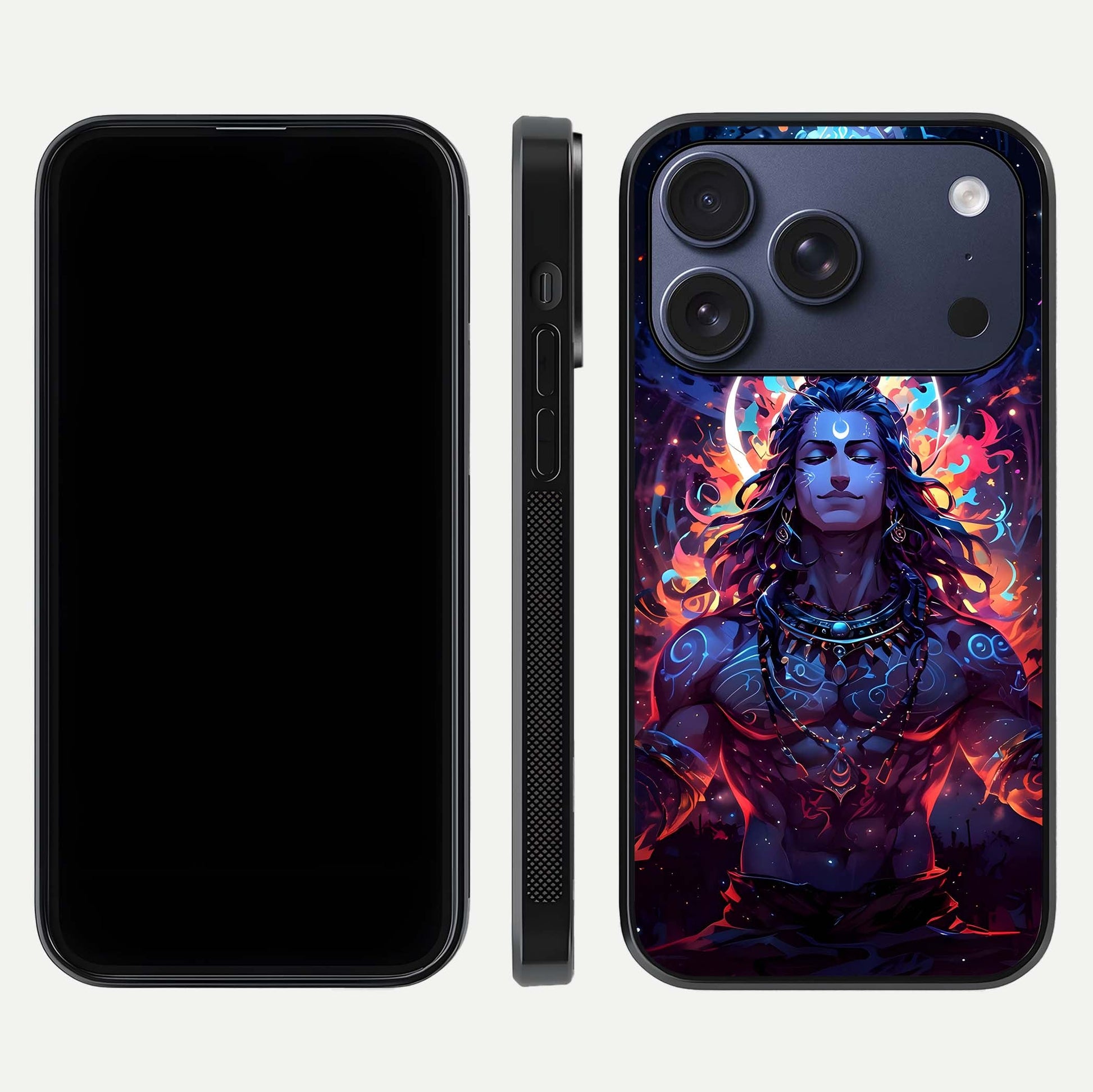 Divine Fire Shiv Glass Case for iPhone 17 Pro dual-view layout displaying HD deity print and curved edges