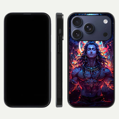 Divine Fire Shiv Glass Case for iPhone 17 Pro dual-view layout displaying HD deity print and curved edges