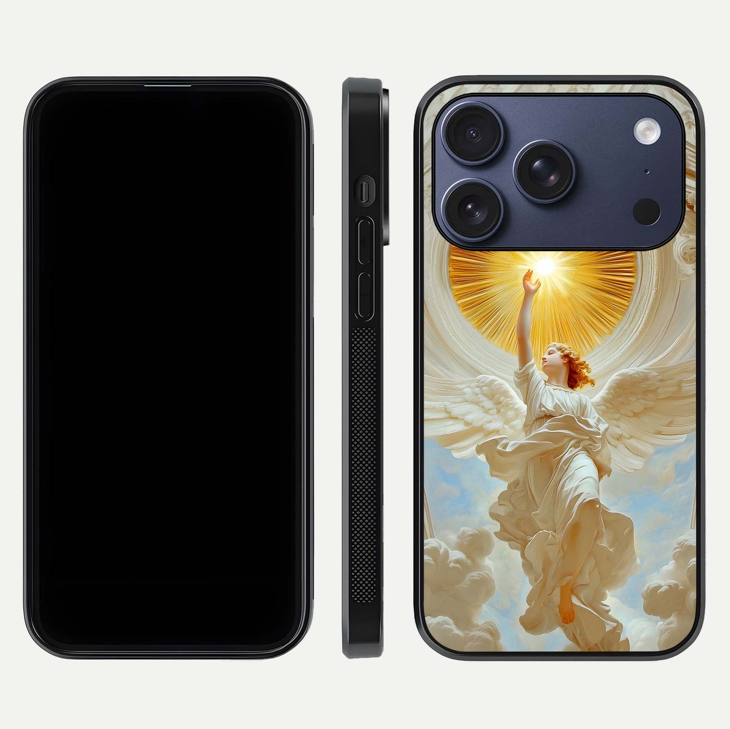 Divine Light Angel Glass Case for iPhone 17 Pro dual-view layout displaying celestial tones and smooth curves